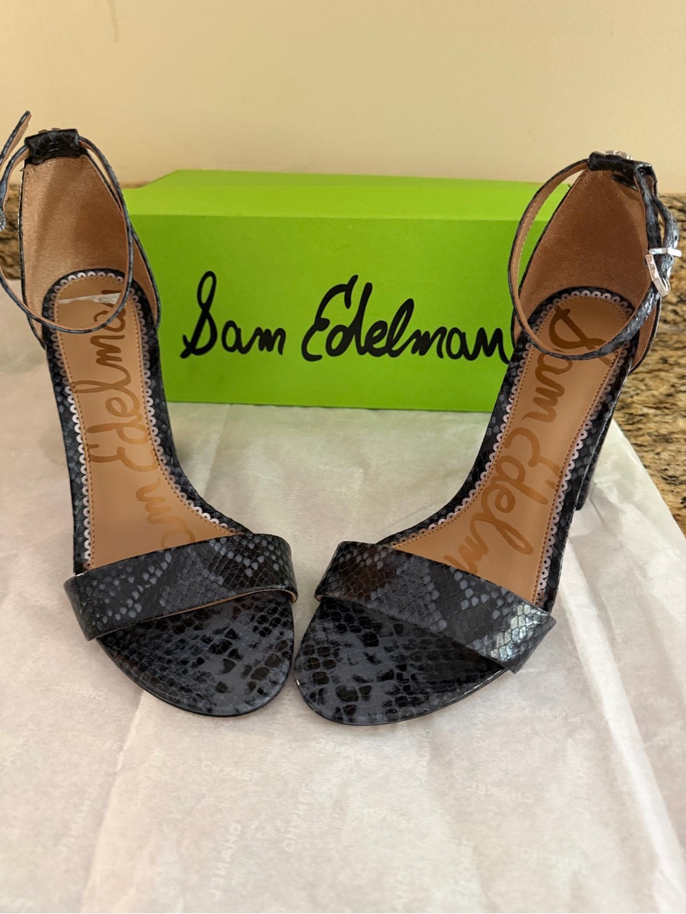 Sam Edelman Black Snake-Print Open-Toe Ankle Strap Heels
